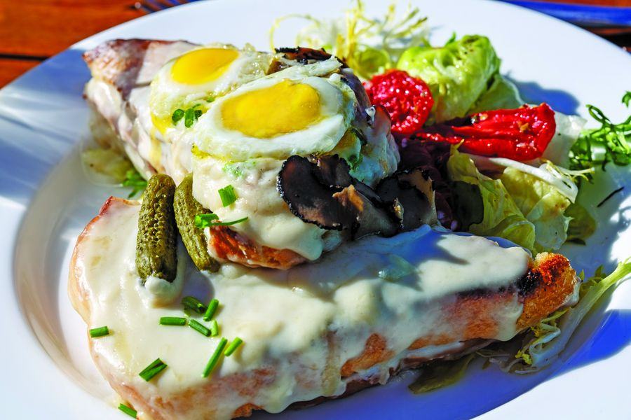 A panino at Alpino Vino topped with fried eggs, shaved black truffle and melted cheese, served with cornichons and a dressed salad